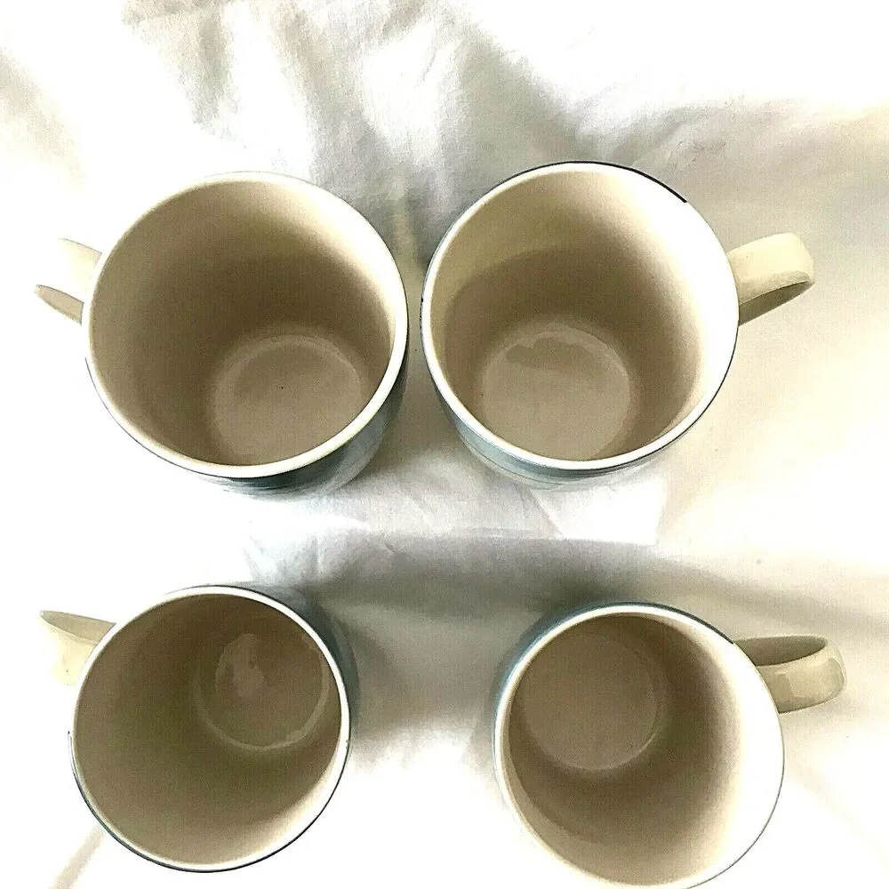 Pier 1 Stoneware Mugs Coffee Tea 4 Set RETIRED Stripe Blue Green Cabincore Beach